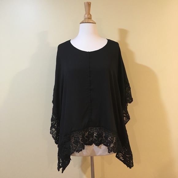 Boho Crochet Lace Trim V Neck Bat Wing Sleeve Blouse - Picture 2 of 4